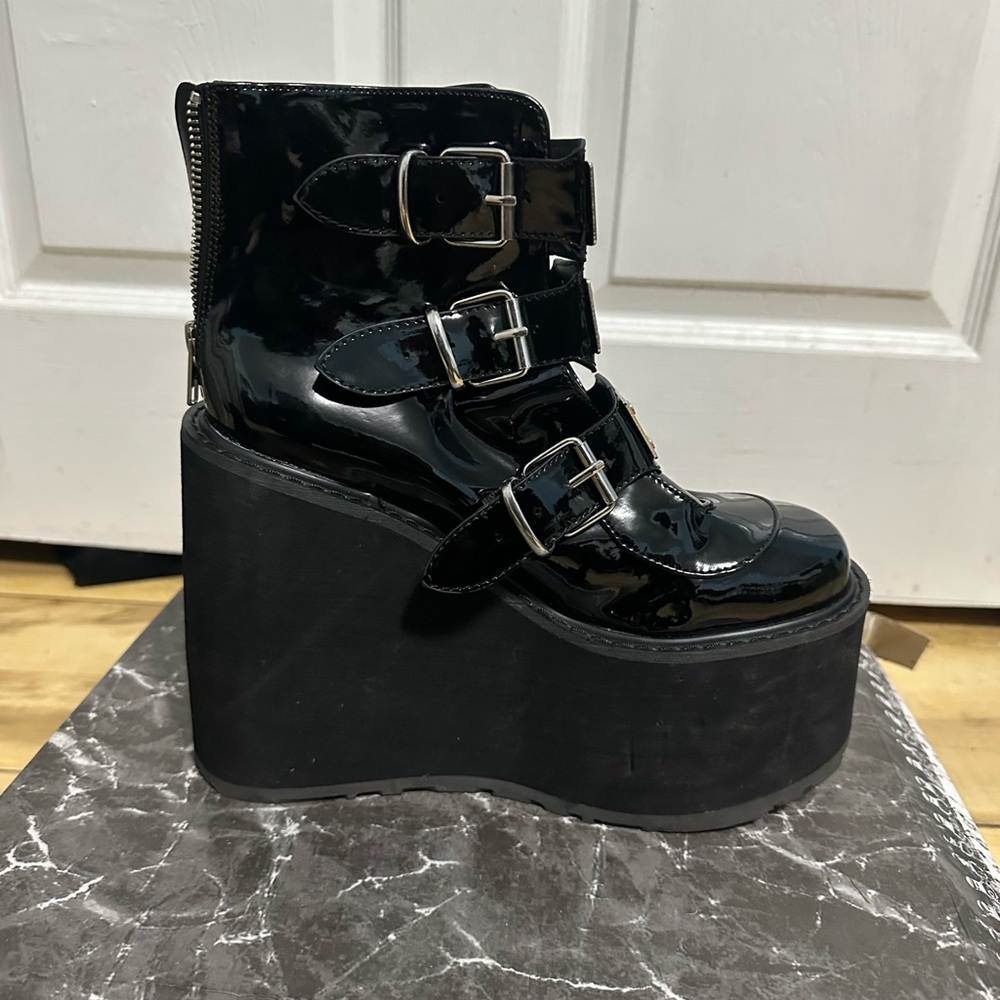 Demonia Black Platform Boots with Silver Buckles